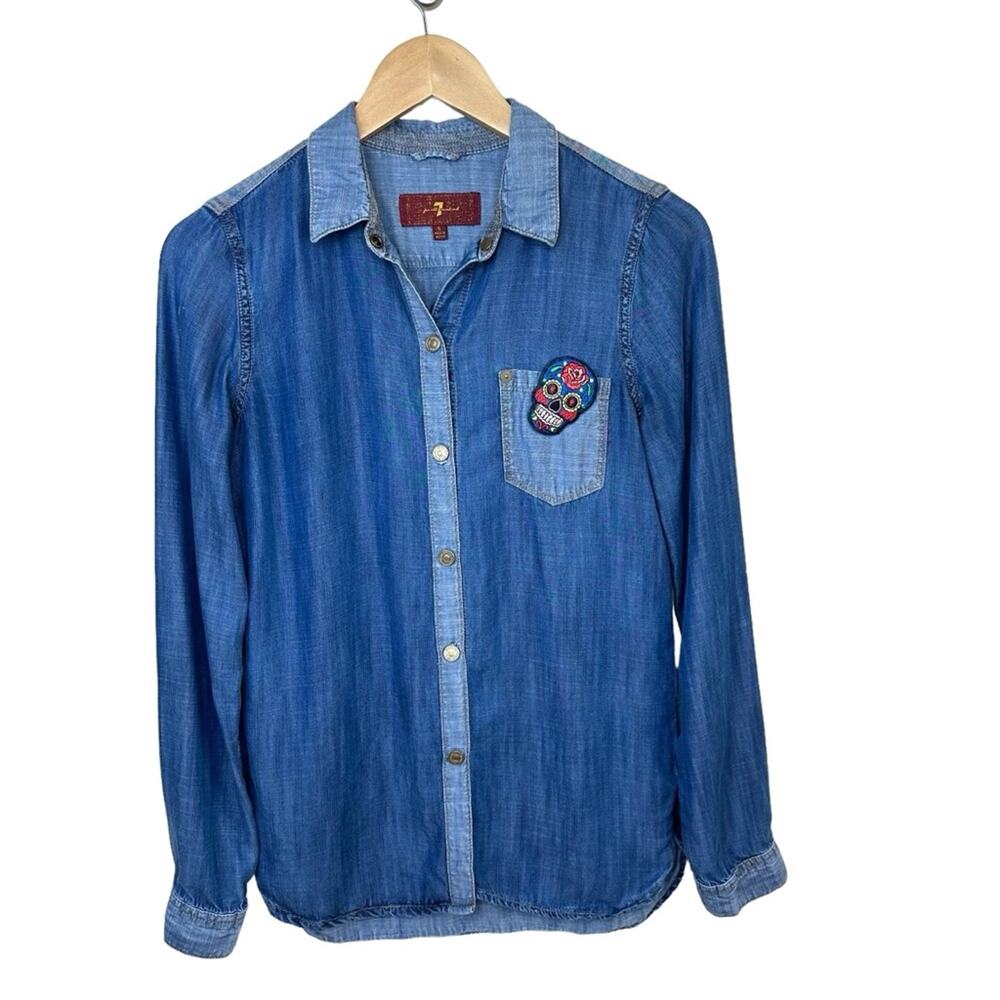 7 For All Mankind Herz Skeleton Patch Denim Button Down Shirt Women’s Size S